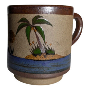 Hand-Painted Mexican Folk Art Pottery Mug Stoneware Whale Water And Beach